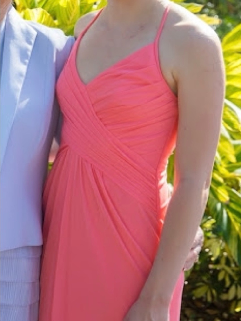 David's Bridal Coral Pink Spaghetti Strap Wrap Bodice Dress